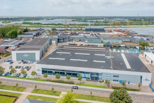 The Linssen shipyard and waterside harbour in Maasbracht, the Netherlands